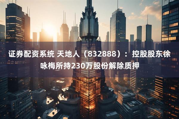 证券配资系统 天地人（832888）：控股股东徐咏梅所持230万股份解除质押